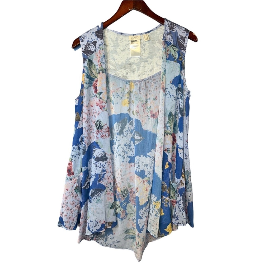 LOGO Lori Goldstein Blue Floral Sleeveless Duster Sheer Cardigan Festival Boho